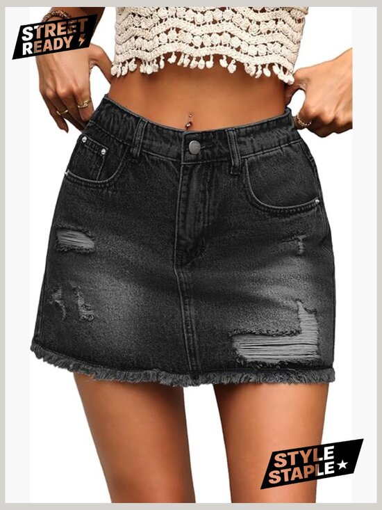 Dresses & Skirts - Ripped Denim Mini Skort with Pockets, A-Line Fit, Built-in Shorts